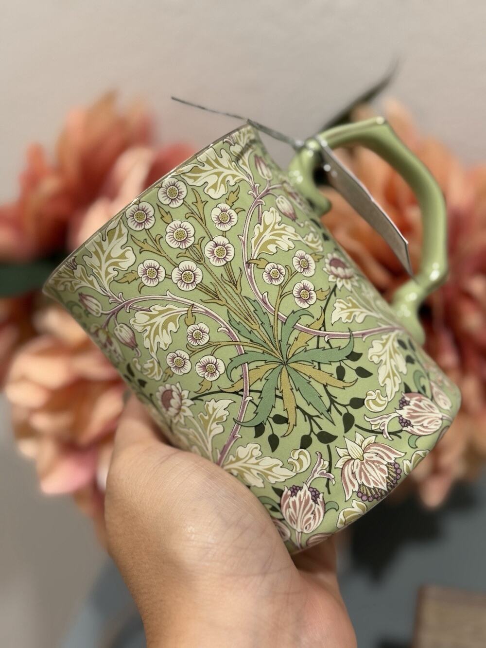 NWT~Morris & Co. Light Sage Green Hyacinth Coffee Mugs. Premium Porcelain, Set-2